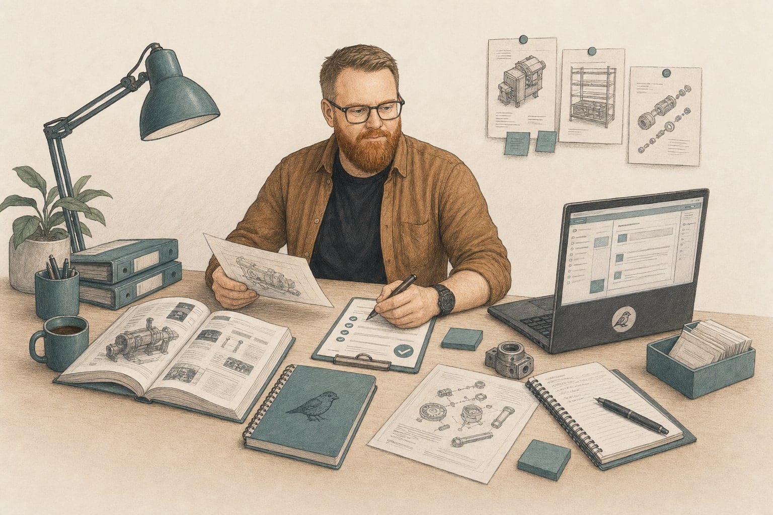 Illustreret arbejdsbord med indhold, dokumenter, skærm og en tjekliste til oprydning.