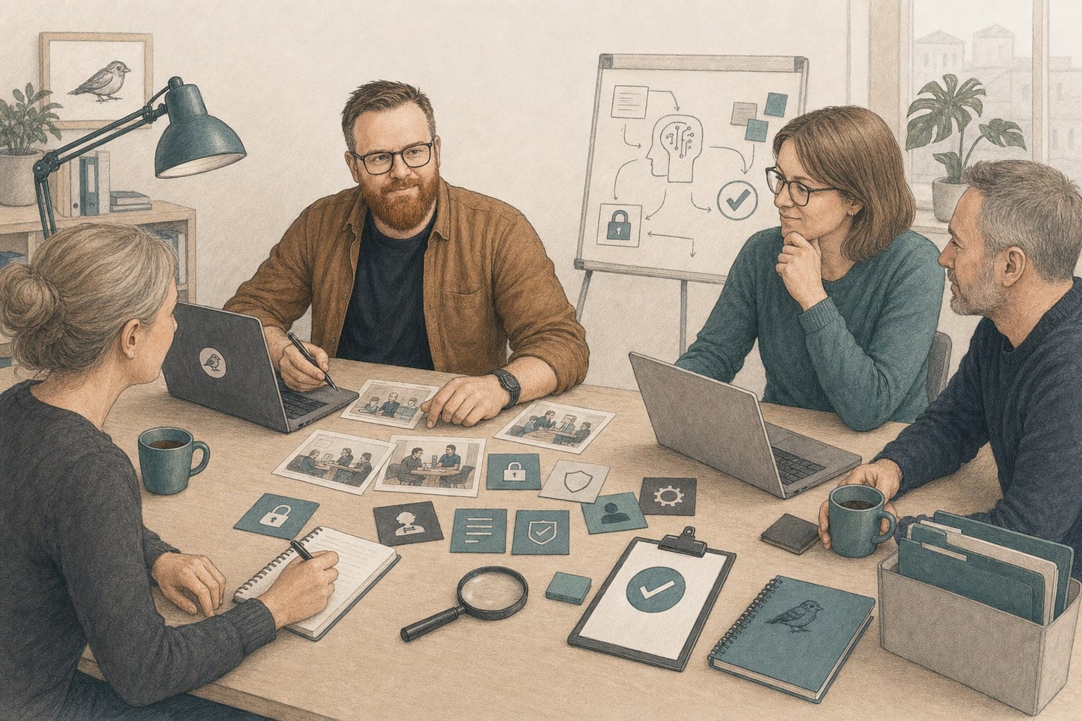 Illustreret kursusrum med deltagere, cases og sikre arbejdsgange.